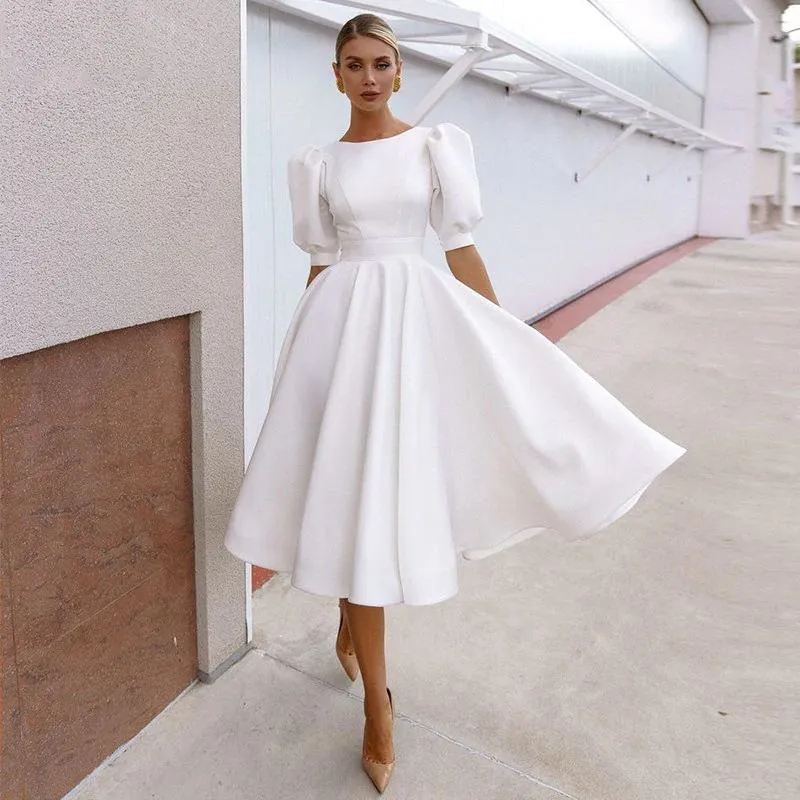 Party Dresses White Summer Homecoming Dress Puff Sleeves A Line Open Back Elegant Vintage Graduation Gown YSAN1140Party