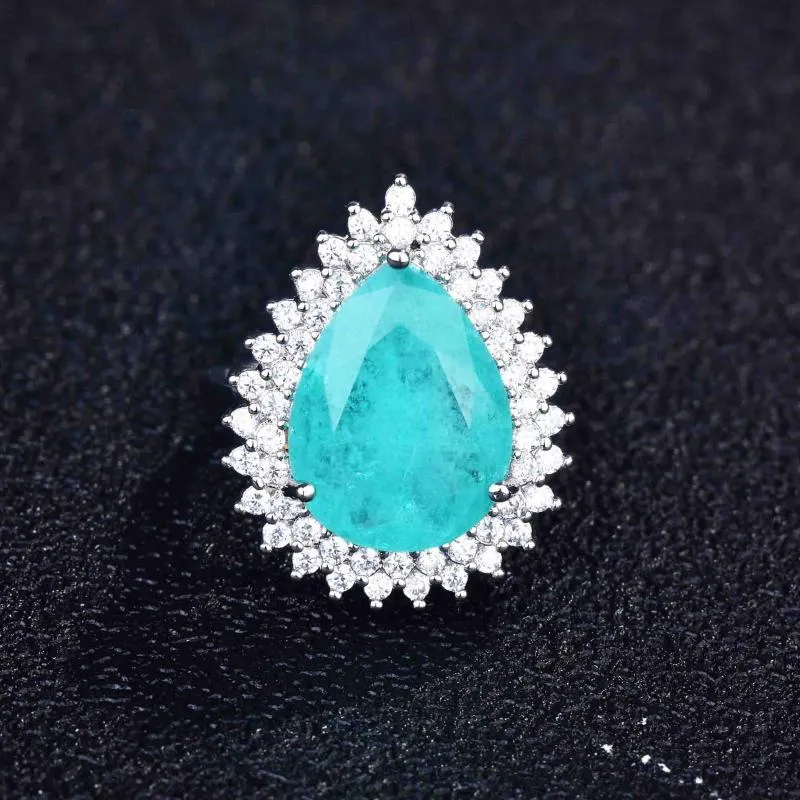 Bröllopsringar charm 925 Sterling Silver Big Gemstone Women's Ring Paraiba Tourmaline Crystal Stone Anniversary Jewelry for Women GifteWe