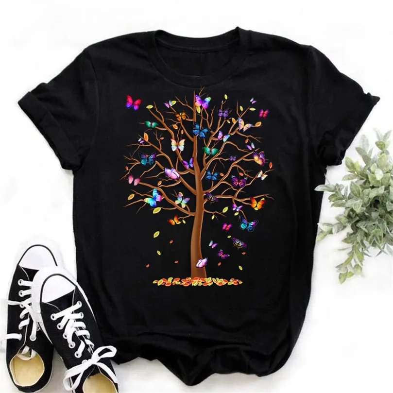 Frau Schmetterling Baum Print Harajuku Sommer T-shirts Casual Rundhals Kurzen Ärmeln Top T Shirt Frauen Schwarz T-shirt Drop Schiff 220526