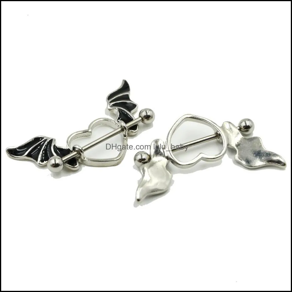 Heart-shaped Wings Nipple Ring Stainless Steel Black White Angel Wing Jewelry