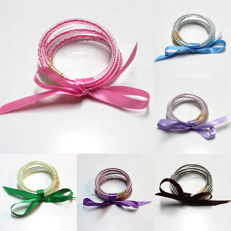 5 Pçs / conjunto Bowknot Glitter Jóias Bangles Set 2022 Todas as pilha de tempo Silicone Plástico multicolor geléia pulseira pulseira de bracelete