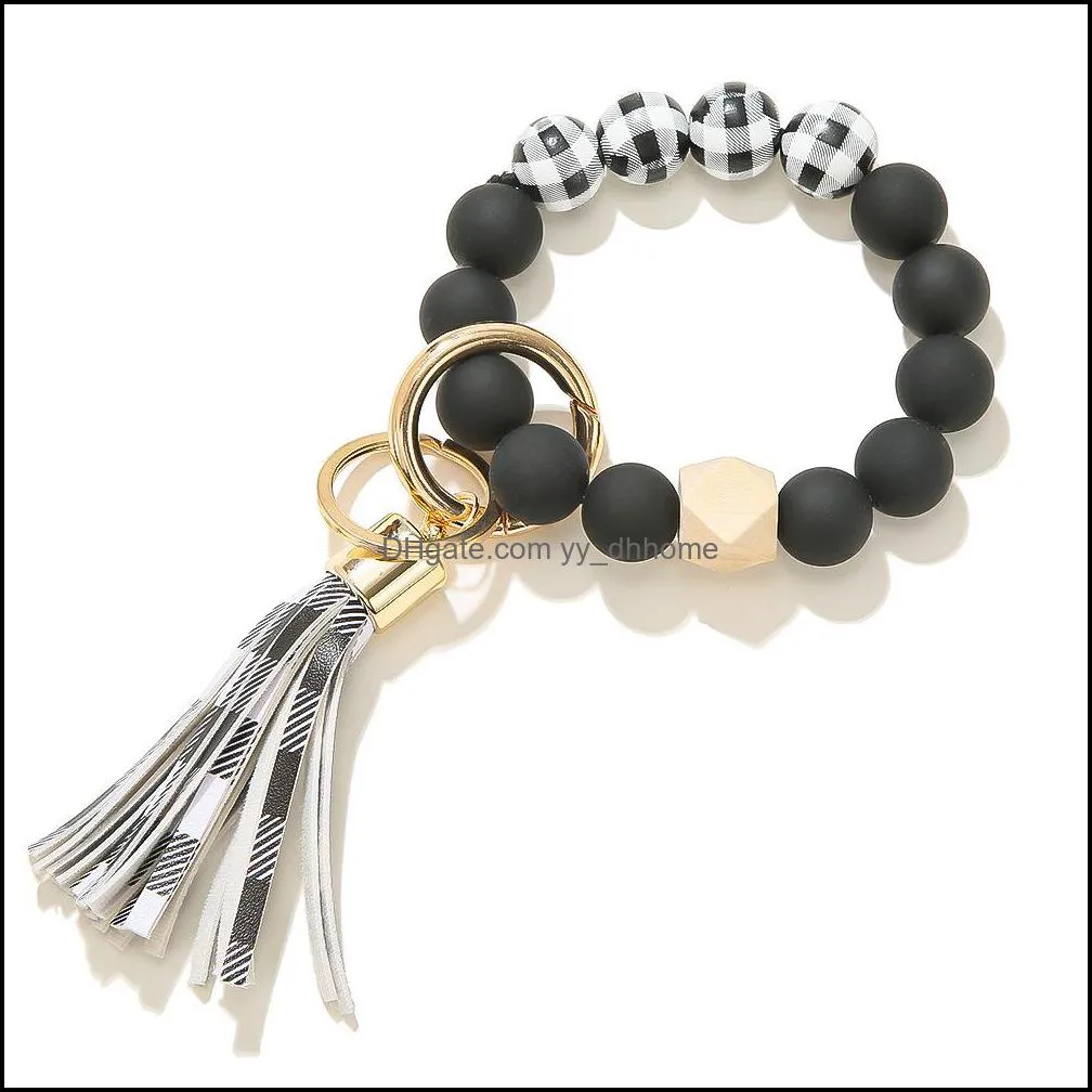 black frosted wooden bead bracelet keychain party favor fashion pattern tassel pendant bracelets women girl key ring wrist strap 7