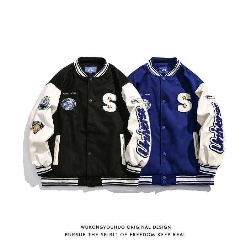Men Varsity Jacket Winter Thick Basketball Parkas Blue Letter Hip