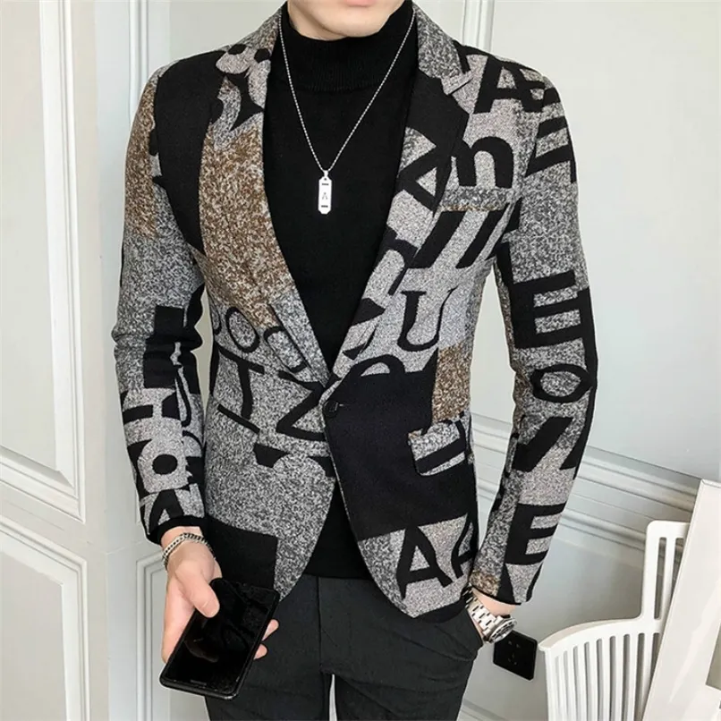 Brief Print Wol Wollen Blazer Mannen Winter Mannen Blazer Casual Jasje Slim Fit Party Club Bruiloft Sociale Blazer Homme 220514