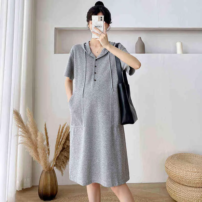 Summer Short Sleeve Maternity Cotton Dress Button Fly Hooded Collar Pregnant Women Loos