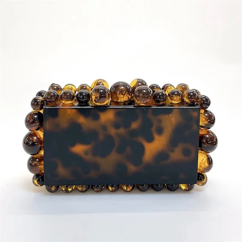 Леопардовые бусины акриловая коробка вечерняя сумка сцепления женщин Элегантная дизайнерская роскошная золотая блестка кошельки и сумочки Свадебная вечеринка X6H 220614