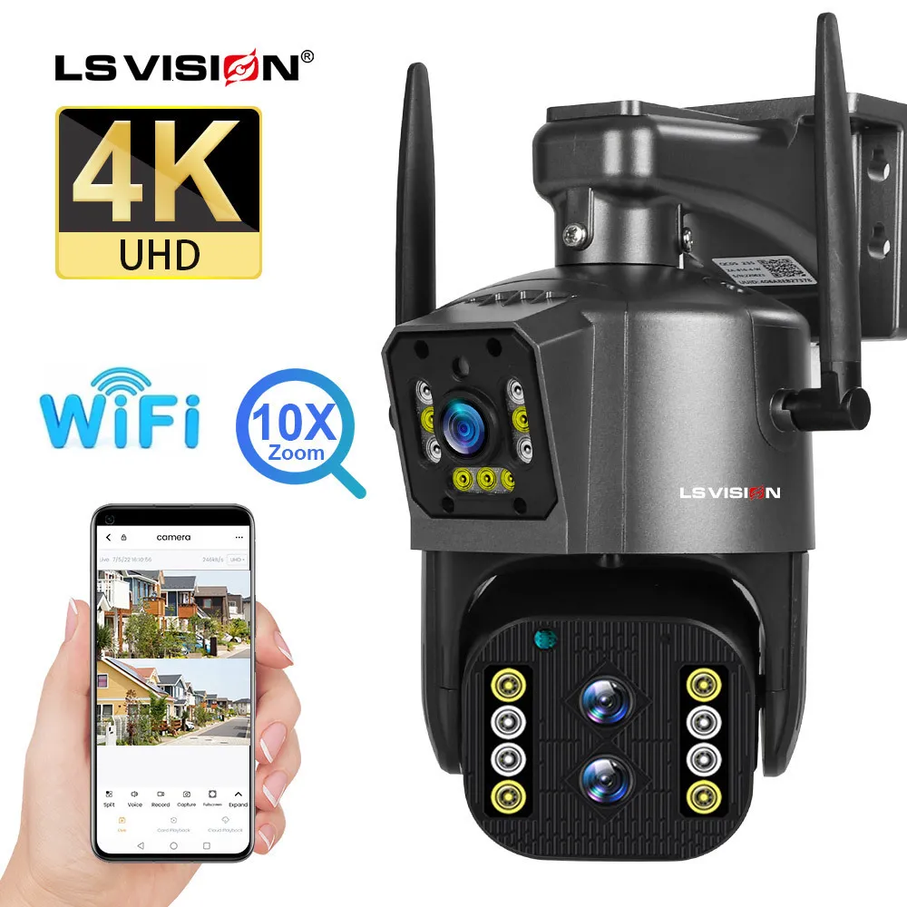 IP Camera's LS VISION 8MP 4K Camera Outdoor WiFi PTZ Drie Lens Dual Screen 10X Optische Zoom Auto Tracking Waterdichte Beveiliging CCTV Cam 230206