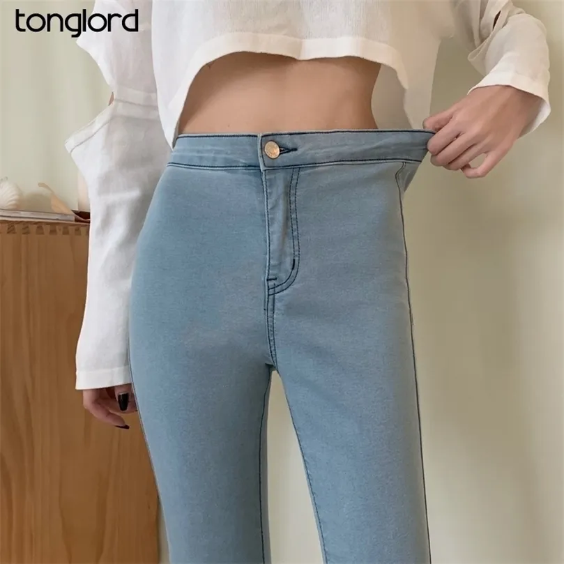 Tonglord Women's Stretch High Waist Jeans Autumn Skinny Trousers Woman Black Blue Gray Washed Pencil Pants Elastic Denim Pants 210302