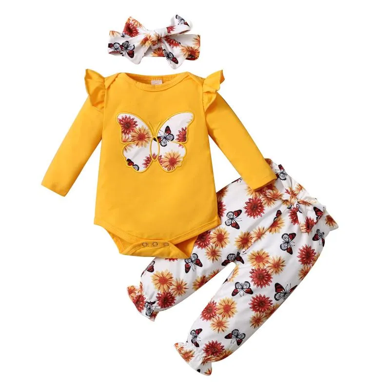 Giyim Setleri Bebek kız kız romper seti uzun kollu bodysuit çiçek baskılı pantolon kafa bantları üst pantolon kıyafetler kız kıyafetleri kış