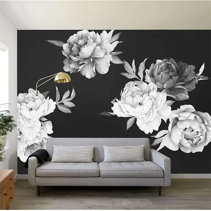 Aquarela preta e branca Peony Flowers Rose Stick Decor de casa Decoração da sala de estar da sala de parede Decalador de decalque Decoração 220523