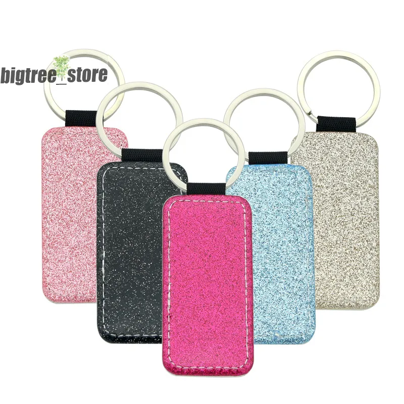 Nave libera Sublimazione Portachiavi Glitter Blank Portachiavi in pelle PU Cuore/Rettangolo/Quadrato/Rotondo Ciondolo Stampa a trasferimento caldo Anello Single-Sided Striscia fai-da-te 5 Stili