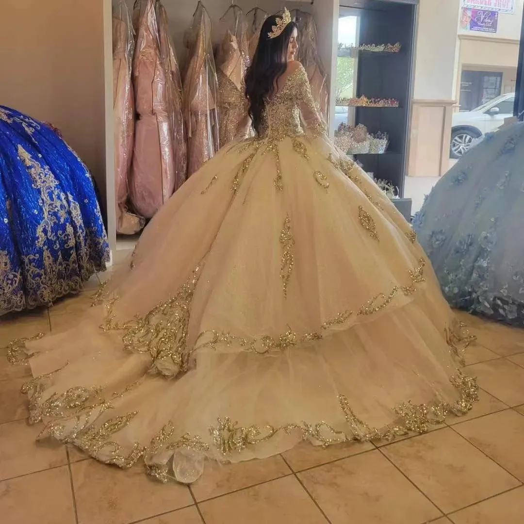 Gold Pailletten Champagner Quinceanera Kleid Prinzessin 2022 Langarm Ballkleid Ballkleider Schulterfrei 15 Jahre alt Geburtstagsfeier Sweet 16 Kleid für Festzug Sexy