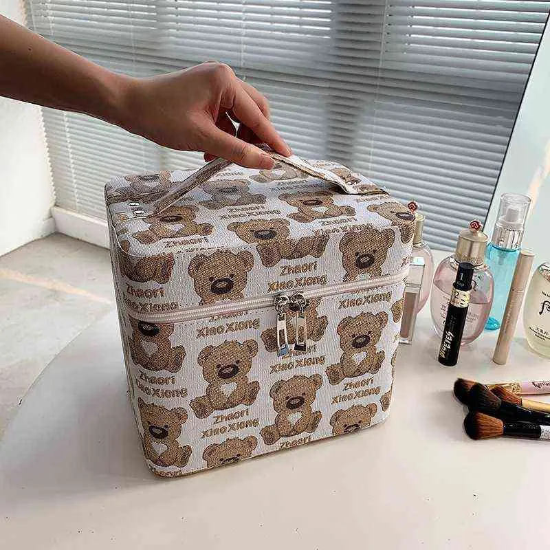 Makeup Bag Women's Double-Layer Cartoon Makeup Box With Mirror Large Capacity Portable Storage Box 220625