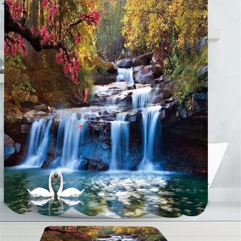 Swans Fleurs Cascade Rideau de douche imperméable Tapis Set Tapis antidérapant Tapis Porte Bain Salle de bain T200711