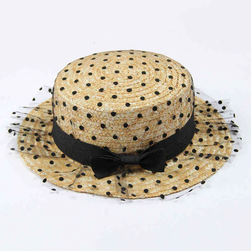 Lace Lady Sun caps Ribbon Bow Round Flat Top Straw Beach Hat Panama Hat Summer Hats For Women Straw Hats Snapback Gorras G220301