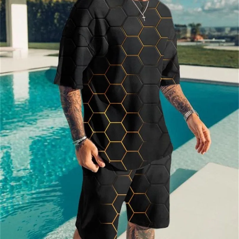 Sets para hombre Ropa de moda de verano en 3D de chándal para hombres pantalones cortos de camiseta de 2 piezas