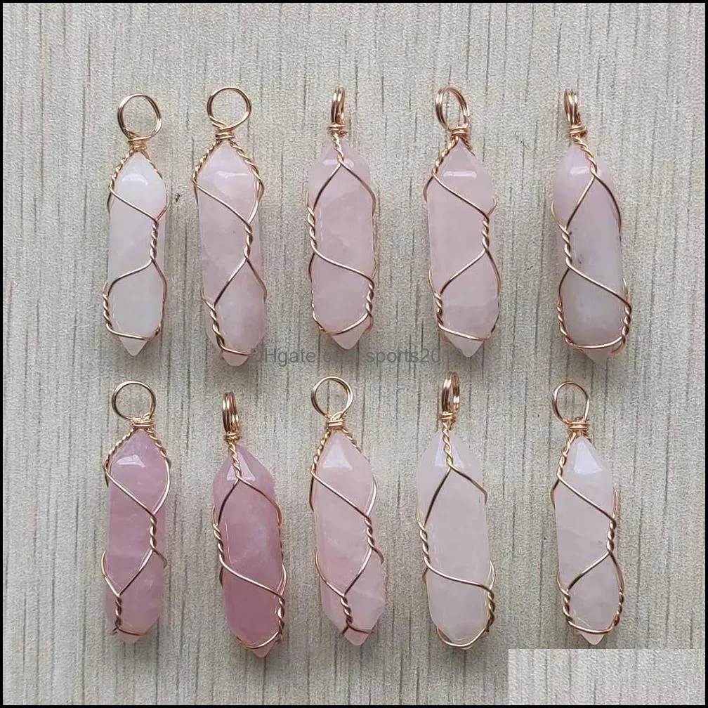 natural stone rose quartz bullet shape charms point chakra pendants for jewelry making gold wire wrap handmade craft sports2010