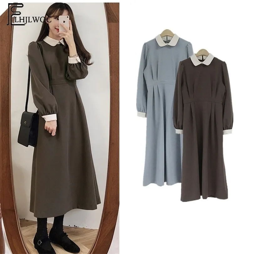 Winter Basic Kleid Lange heiße Frauen Mode Japan koreanischen Stil Design eine Linie Patchwork weiß Peter Pan Kragen Vintage Kleid 3212 T200911