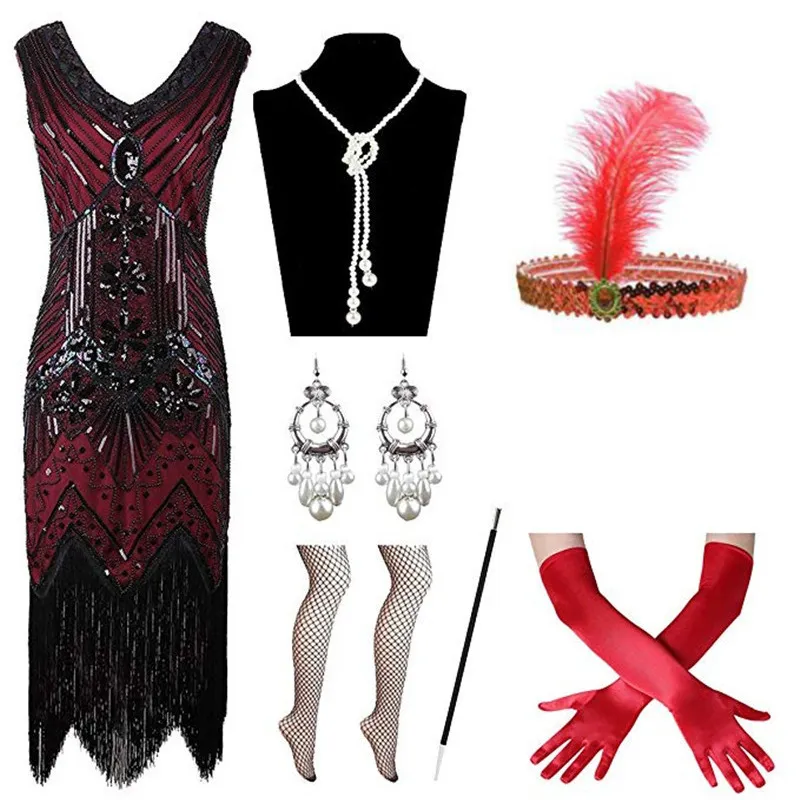 Kobiety 1920s cekiny zroszony frędzle Hem Flapper Dress Stage Wear z 20s Feather Pałąk Długie rękawiczki Kolczyki Naszyjnik z pereł Zestaw uchwytów papierosów XS-4XL