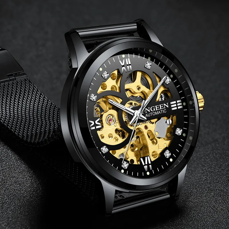 Nya Fngeen Men Mechanical Watch Luxury Skeleton Automatiska klockor Rostfritt stål Mesh -band Herrkläder Relogio Luminous