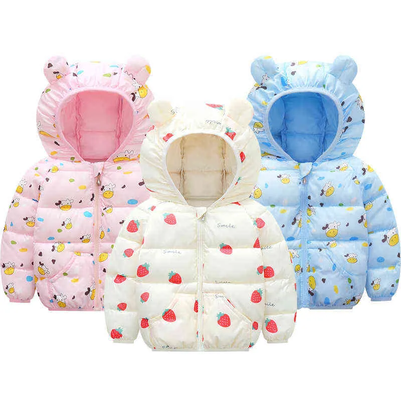 2021 New Winter Keep Warm Girls Jacket Cartoon Strawberry Print Hooded Down Jacket For Children Kids Birthday Gift Outerwear J220718