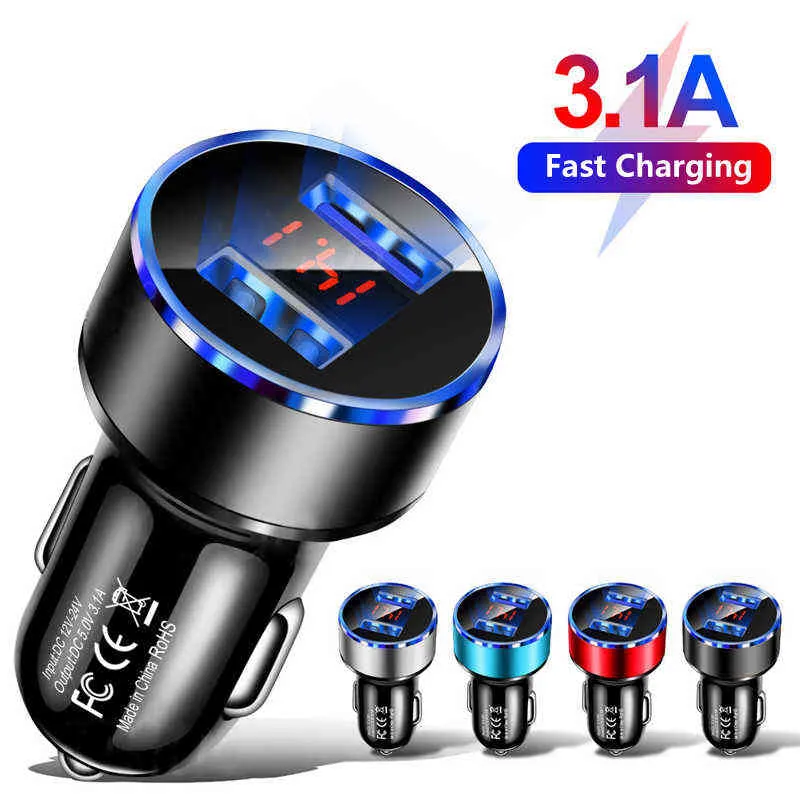 3.1A Dual USB Car Charger 2 Ports LCD Display Cigarette Socket Lighter Car Charger Adapters for iphone samsung xiaomi huawei etc W220328