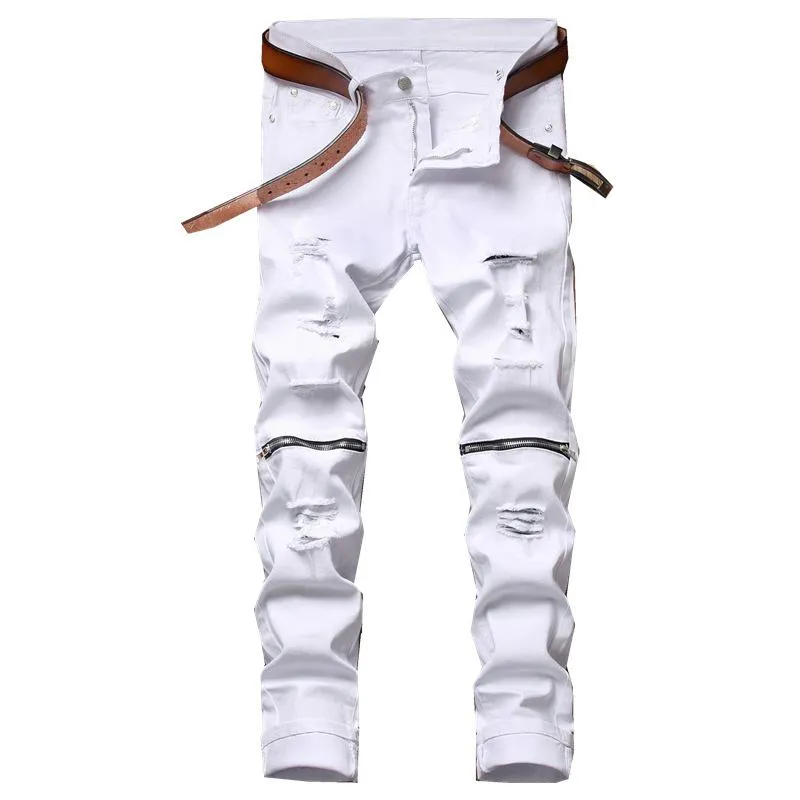 Men's Jeans Mens White Straight Leg Knee Zipper Design Distressed Ripped Holes High Stretch Denim PantsMen's