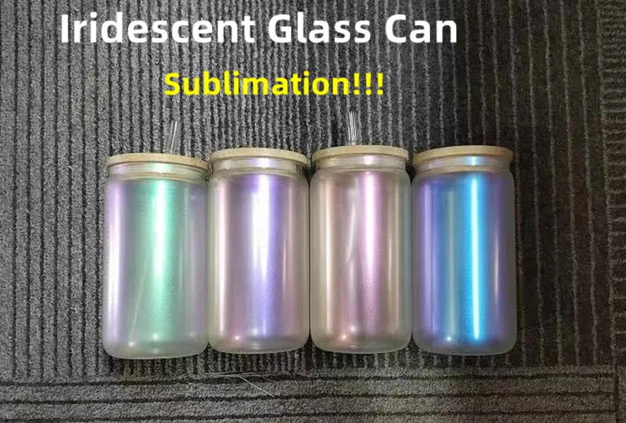 16oz Sublimacja Opalizujący Szkło może Rainbow Glass Shimmer Piwo Szklane kubki Picie szklanki z bambusową pokrywą i wielokrotnego użytku słomy kolorowy kolor