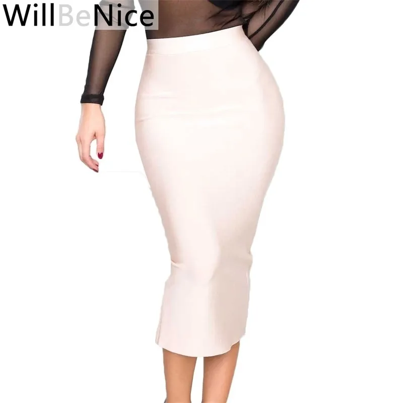 Willbenice Nude High Back Back Open Fork Sexy Midi Pencil Bantage Skirt Blue Red White Pencil Bangage Юбки Women 210311