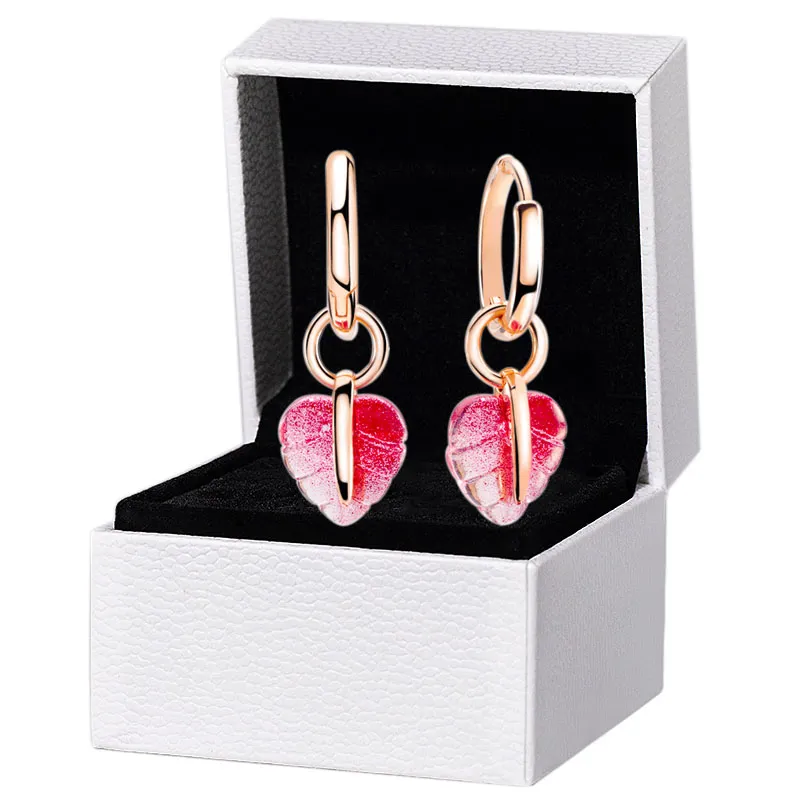 Kvinnor Pink Stone Leaf Pendant Hoop Earring Original Box Set för Pandora Rose Gold Circle Wedding Autentic 925 Silver Studörhängen