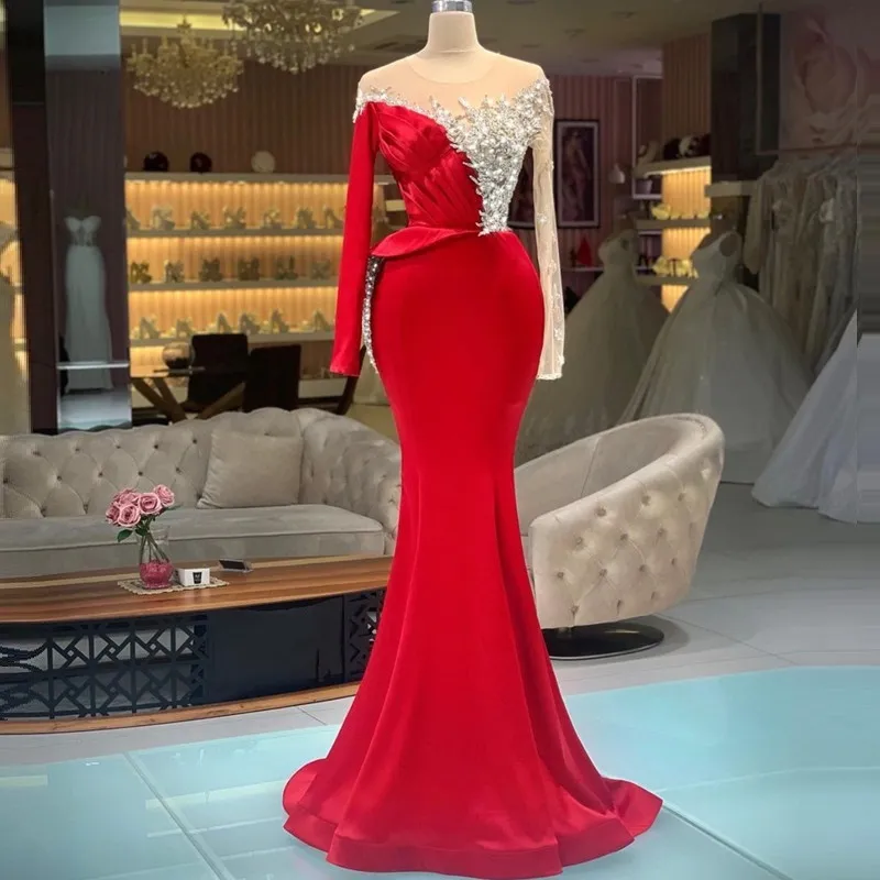 long sleeve red evening dresses 2021 beaded applique mermaid modest elegant gown 2022 vestido de fiesta de longo