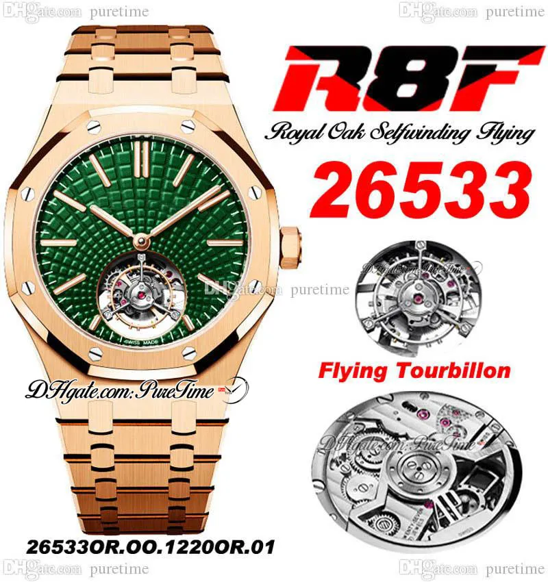 R8F V3 Flying Tourbillon A2950 Automatische heren Watch 41 Zelfwindende 2653 Rose Gold Extra dunne groene wijzerplaat roestvrijstalen armband 2022 Super Edition PureitMe D4