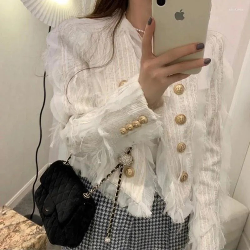 Women's Jackets Tassel Streetwear Tweed Jacket Women Autumn Elegant Short Full Sleeve Suit Sweet V-Neck Double Breasted White OuterwearWomen