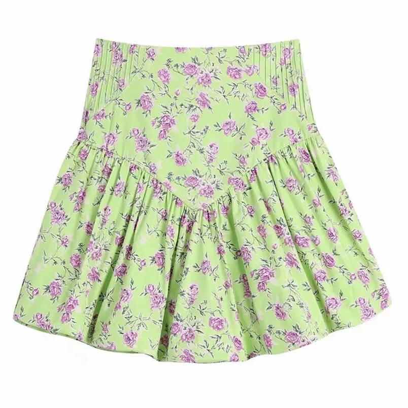 Tangada Женщины зеленый плиссированный цветочный принт мини -юбки винтаж высокая талия спины на молнии женские юбки Be521 220521