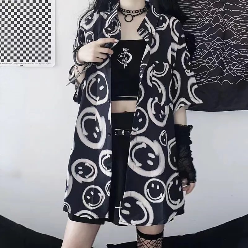 Feiernan harajuku goth camisa feminina preto curto meia manga oversize streetwear gótico impressão blusa feminina moda verão