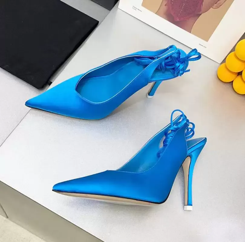 Yüksek topuklu elbise sandalet kadın ayakkabıları mavi ipek seksi dantel yukarı ip sarma lüks tasarımcı sandalet deri taban üst düzey fabrika ayakkabıları yaz sivri ayak pompaları