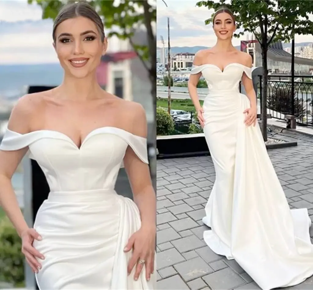 Sexy schulterfreie Meerjungfrau-Hochzeitskleider, eleganter Satin, arabisch, Aso Ebi, Vintage-Boho-Garten-Brautkleider, Sweep-Zug, Schößchen, Vestidos de Novia, Empfangskleid