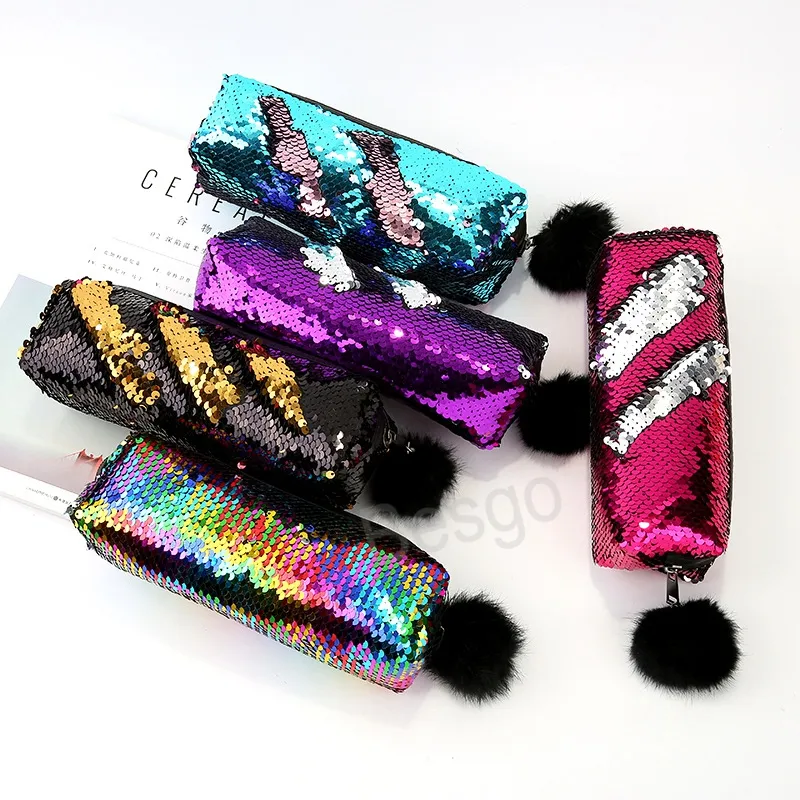 Borsa reversibile per penne con paillettes Flip Cambia colori Borsa per matite Penne Borse con boli di pelo Buste per cancelleria per studenti Custodia per cosmetici BH7278 TYJ