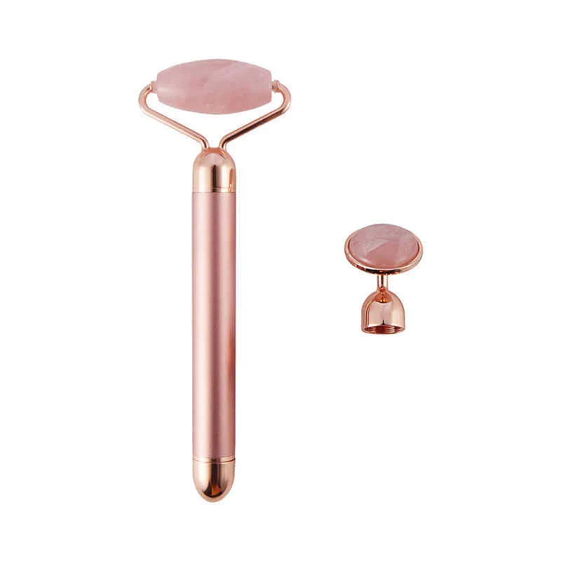 2 em 1 rolo de jade de vibração elétrica natural Rosa de quartzo de pedra de cristal de pedra facial jade massager roller ferramenta de enrugamento da ferramenta