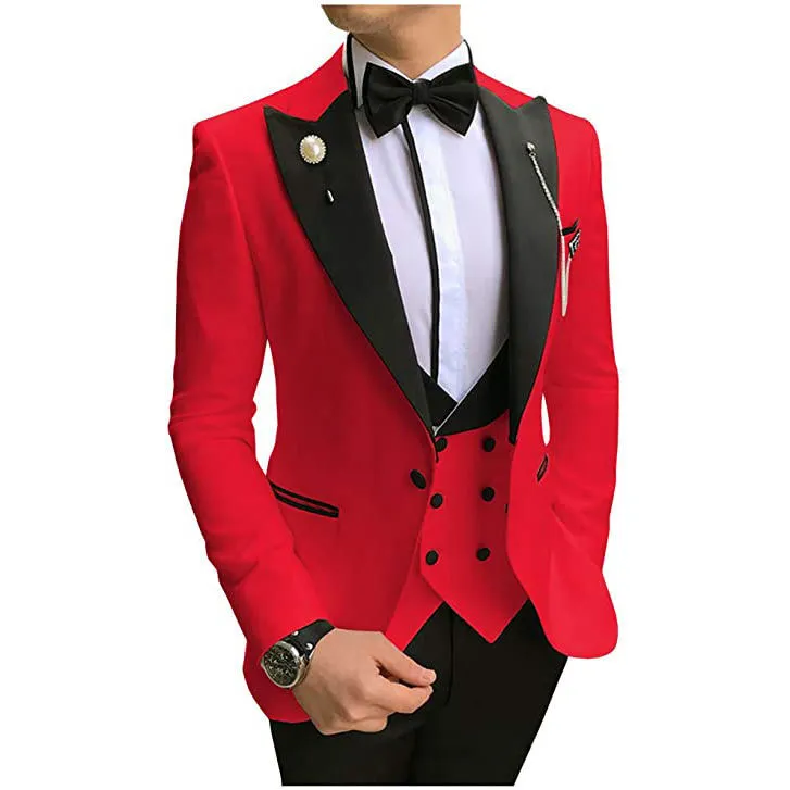 Helt ny röd brudgum tuxedos svart topp lapel groomsmen mens bröllop klänning stil man jacka blazer 3 bit kostym jacka byxor väst slips 882