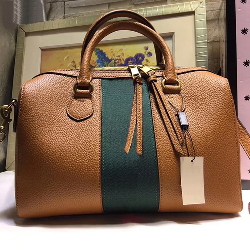 Boston-Reisetasche für Herren, große Damen-Handtasche, Umhängetasche, Kissentasche, hohe Kapazität, echtes Leder, klassisch, rot, grün gestreift, hochwertige Tragetasche mit abnehmbarem Riemen