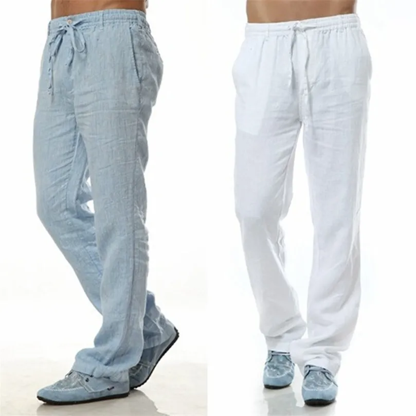 Summer Leisure Trousers 6 Colors 100% Linen Cotton Elastic Waist Men Pants Regular Straight Bottom Flax Men Casual Pants 201128