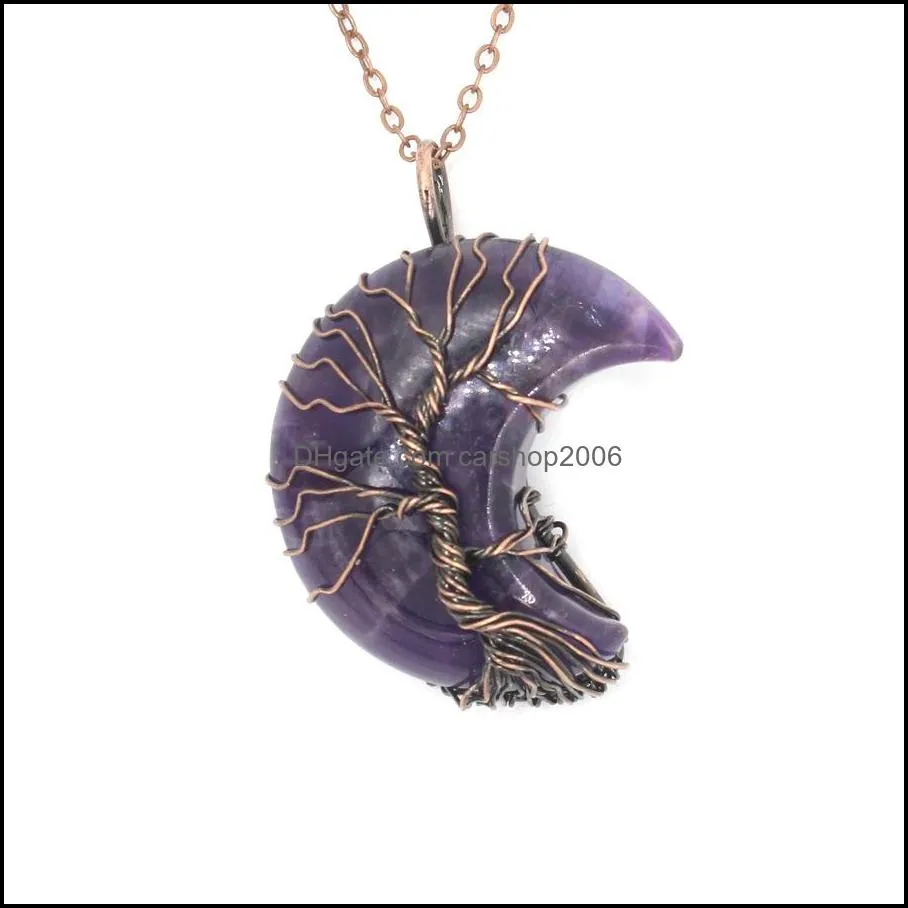 JLN Vintage Crescent Moon Shape Pendant Wire Wrapped Life Tree Gemstone Amethyst Tiger Eye Quartz Stone Charm With Brass Chain Necklace Gift For