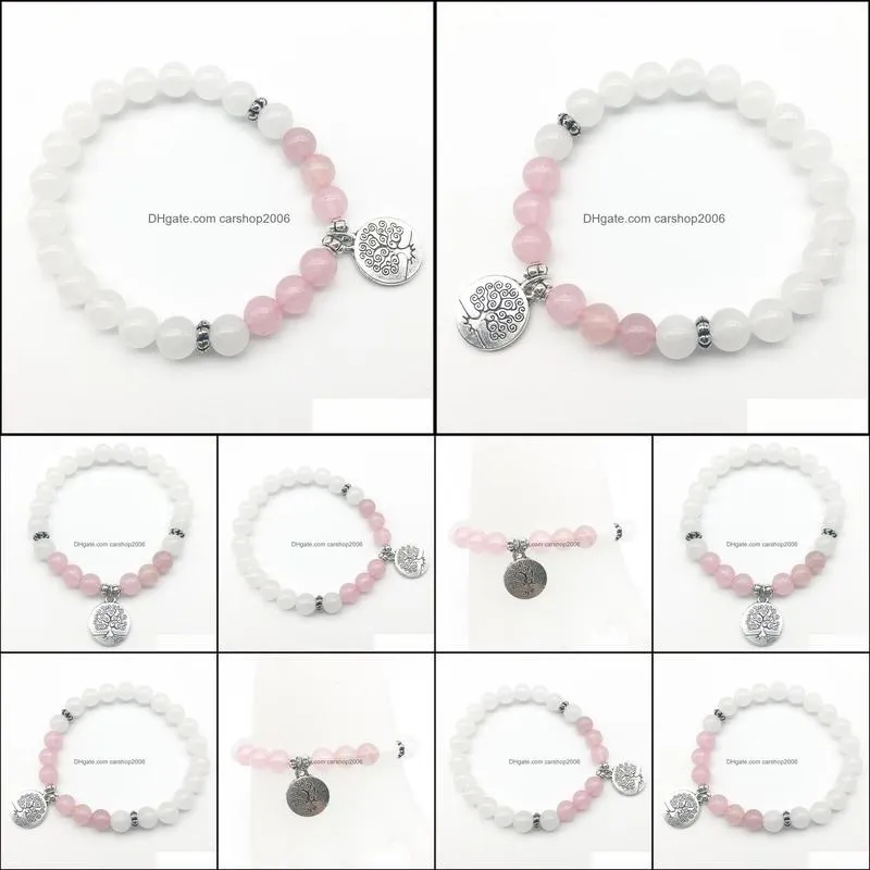 SN1307 Fashion Women`s Bracelet White Jade Beads Bracelet Rose Quartz with Tree of Life Charm Jewelry Best Gift for Her