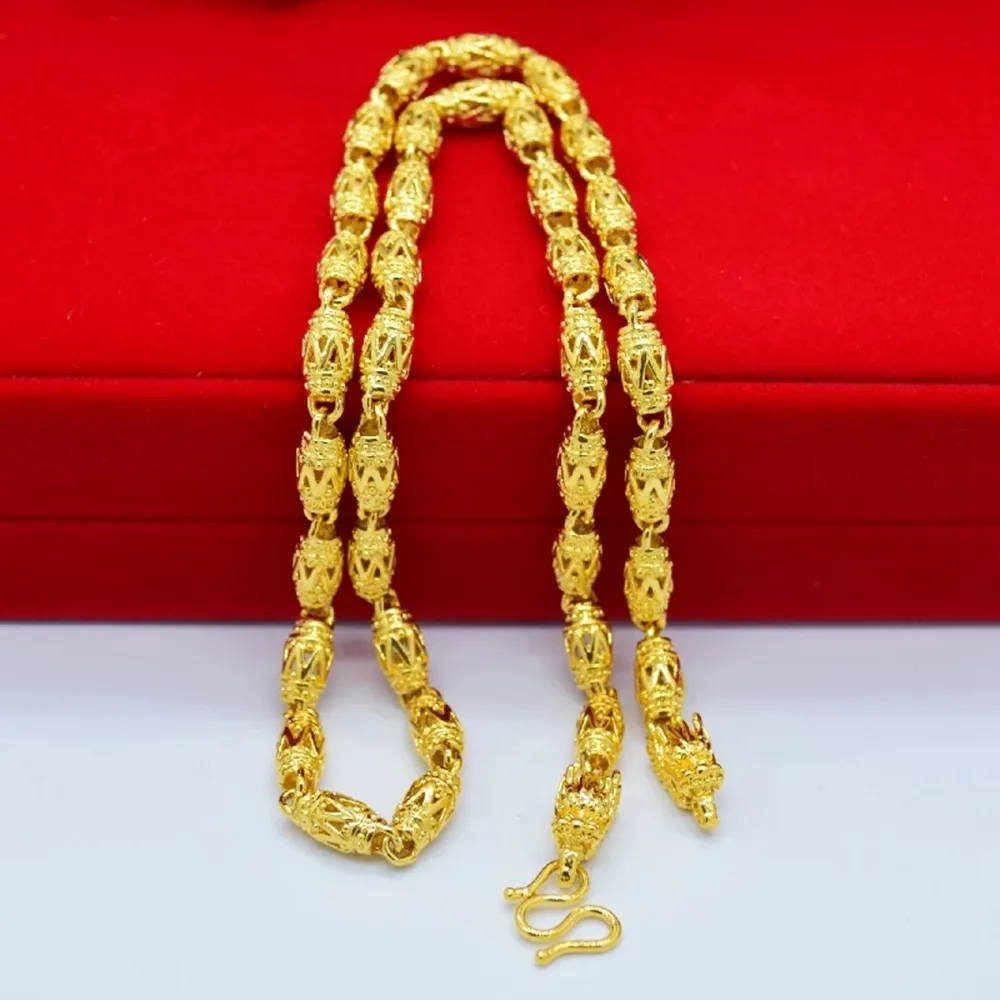 Unique Hollow W Necklace 18K Gold Olive Beads Chain with Dragon Design Necklace for Men Jewelry 60cm Long