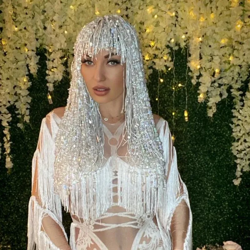 Sahne Giyim Parlayan Gümüş Sequin Crystal Fringes Wigs Kadın Doğum Günü Partisi Rhinestone Meapear Club Dancer Show Gogo Wigsstage