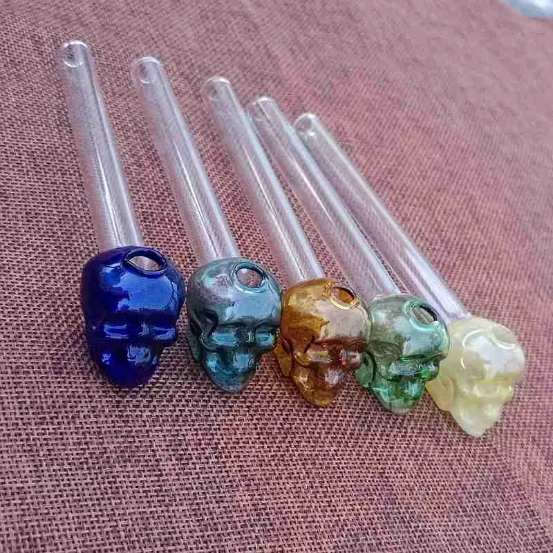 6 Inch Skull Design Glass Oil Burner Pipe Multi-Colors Hand Pipe Straight Tube Pyrex Bubbler Smoking Accessories Tobacco Tools For Dab Rigs