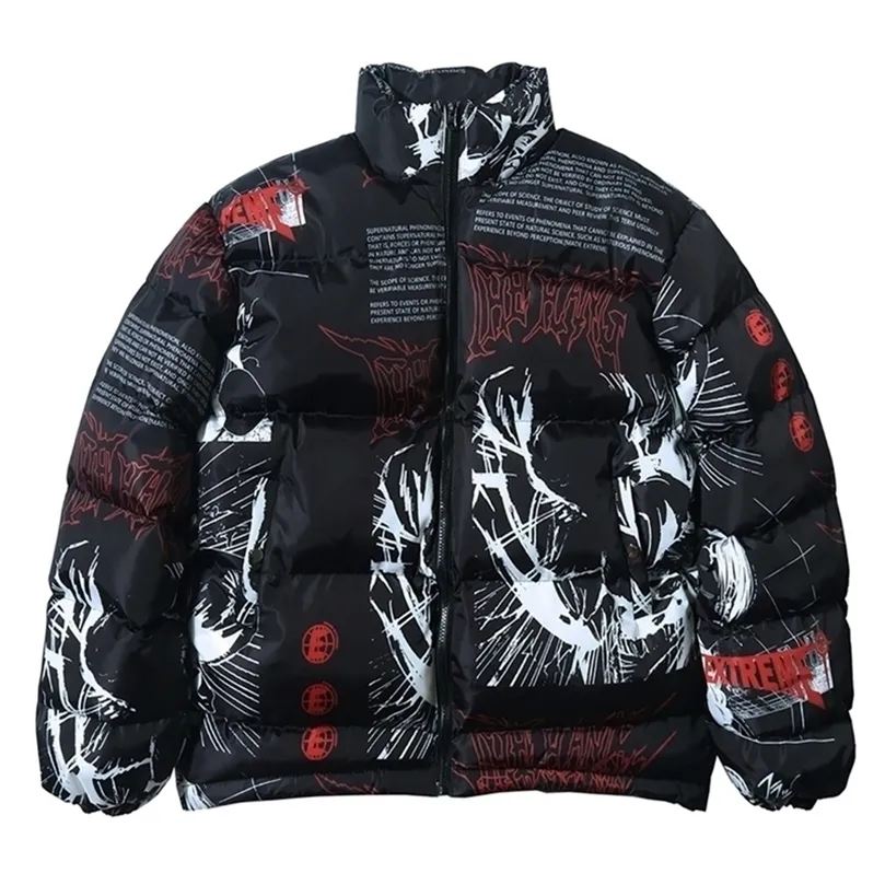 Japońska japońska kreskówka Graffiti Print Men gruba parka zima ciepła kurtka wyściełana płaszcze harajuku wiatrówki streetwear 201127