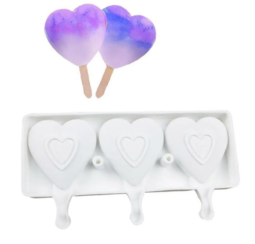 New Home Food Safe Silicone Ice Cream Mold 3 Cell Heart Shape Frozen Juice Popsicle Maker Dessert Molds Tubs Valentine