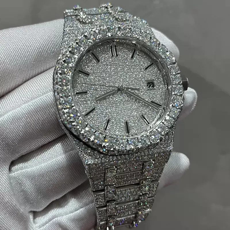 Version VVS Nouvelles montres pour hommes Moissanite Les diamants en argent automatiques réussissent le test Mouvement ETA de qualité supérieure Acier inoxydable 904L Saphir glacé